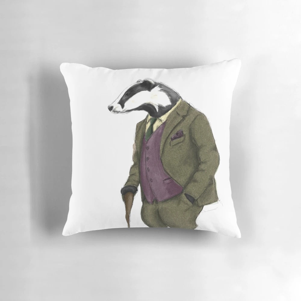 Vibrant badger illustration printed on a soft, plush pillow
