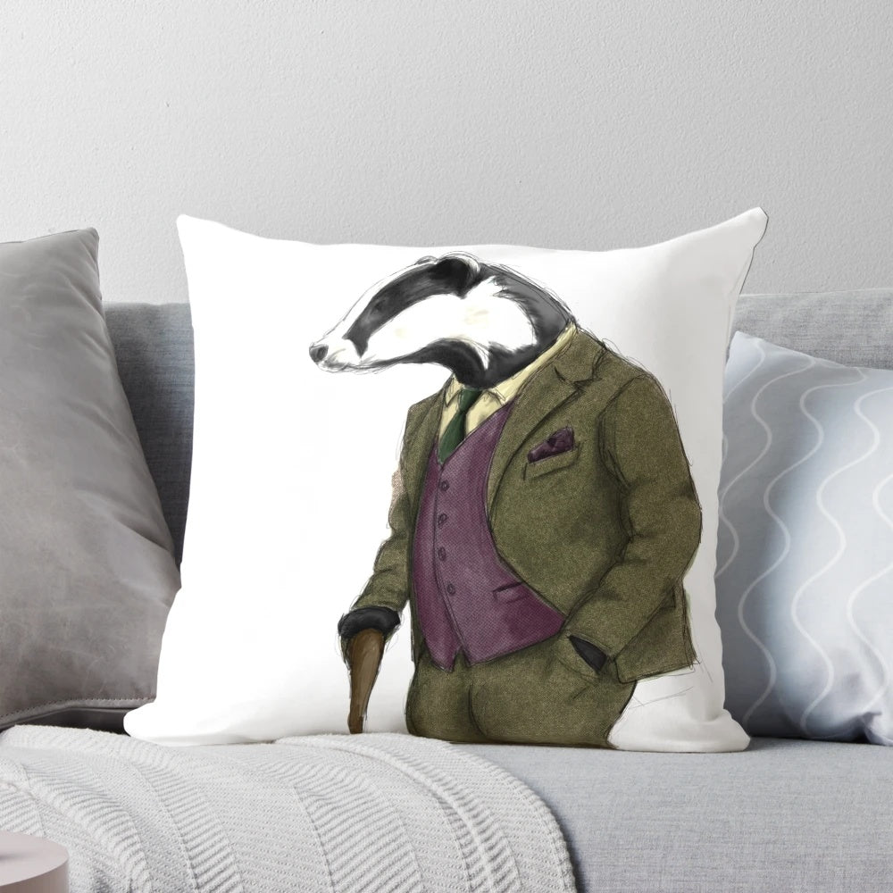 Vibrant badger illustration printed on a soft, plush pillow