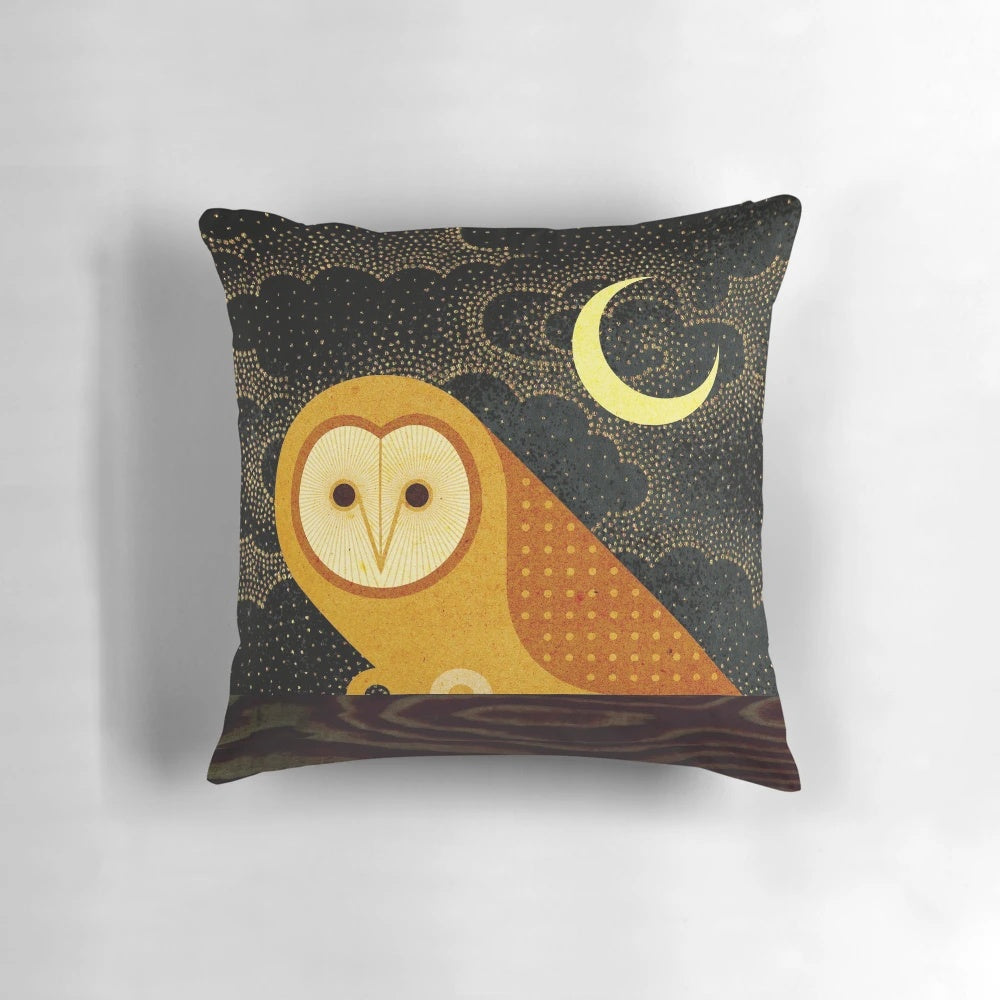 A beautiful digital illustration of a barn owl perched on a branch against a moonlit night sky.