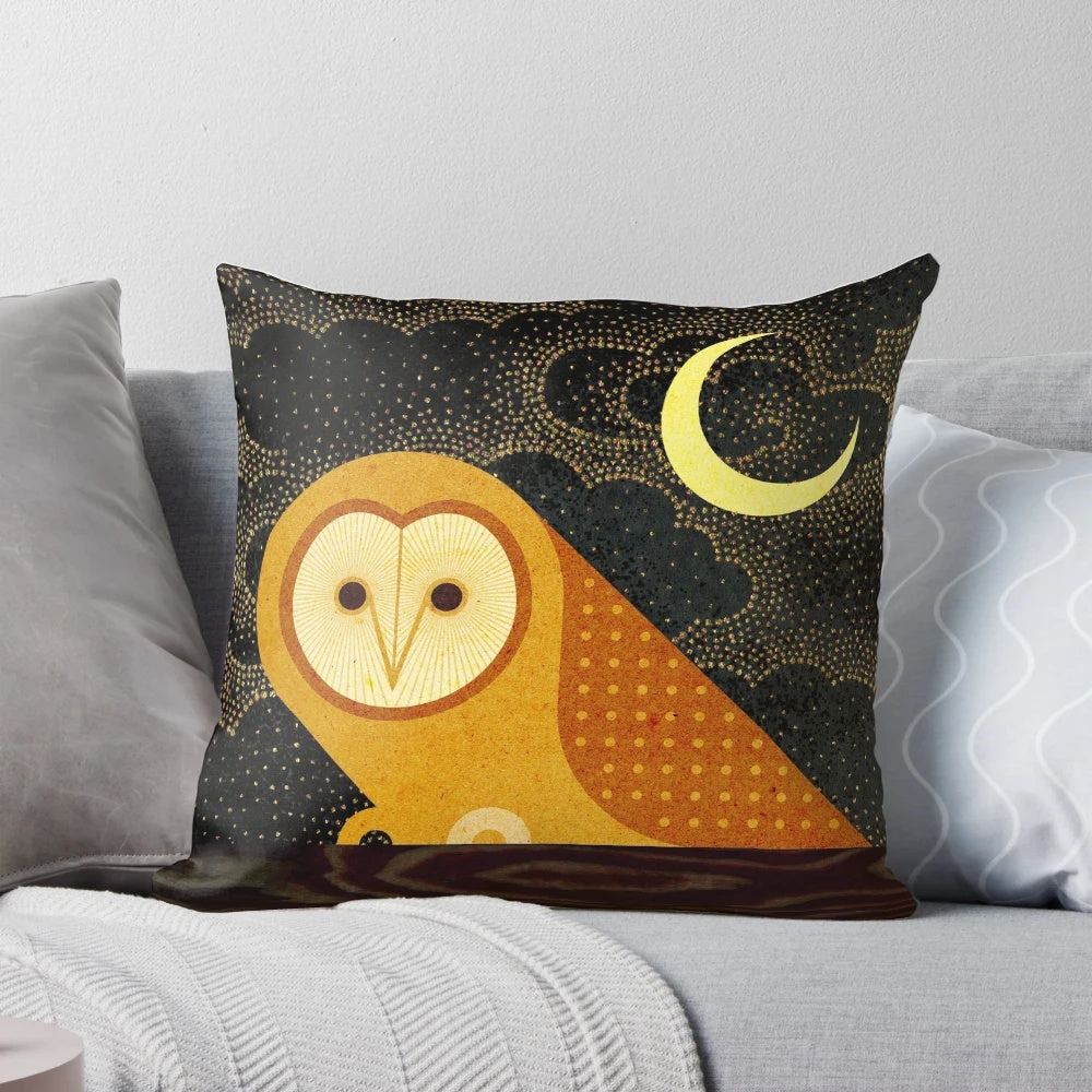 A beautiful digital illustration of a barn owl perched on a branch against a moonlit night sky.