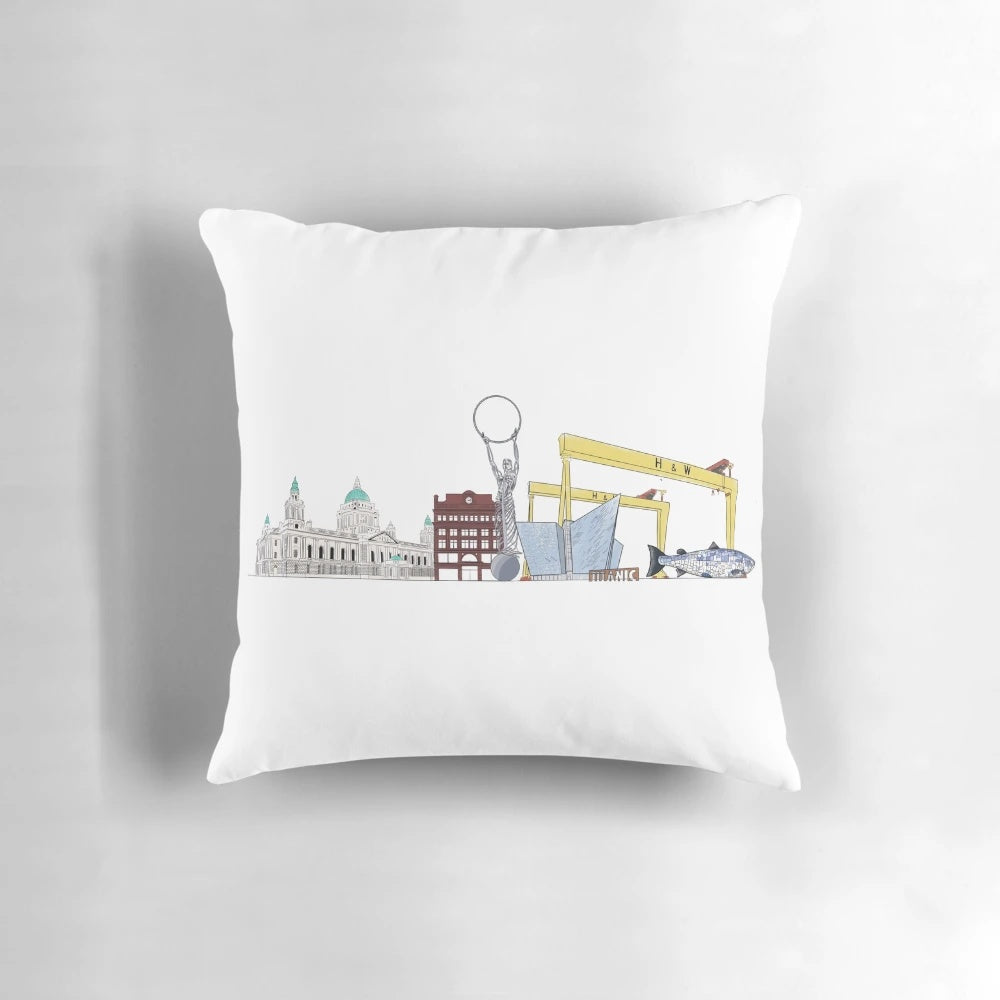 Vibrant pillow showcasing the iconic Belfast skyline with Harland and Wolff cranes and Belfast City Hall