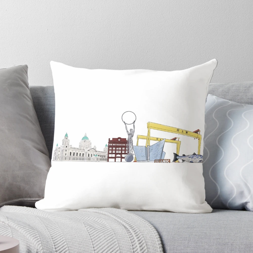 Vibrant pillow showcasing the iconic Belfast skyline with Harland and Wolff cranes and Belfast City Hall