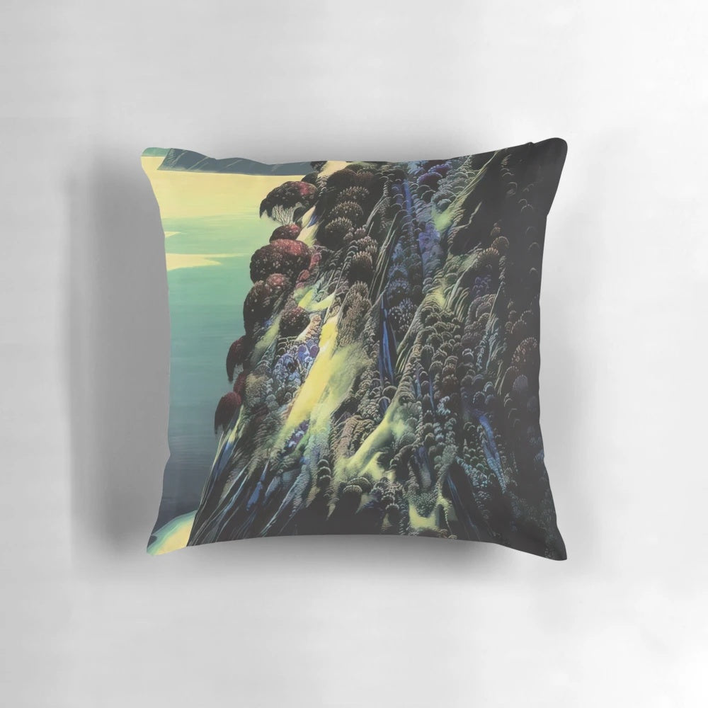 Eyvind Earle's "Big Sur Poem" nature-inspired geometric art printed on a high-quality pillow.