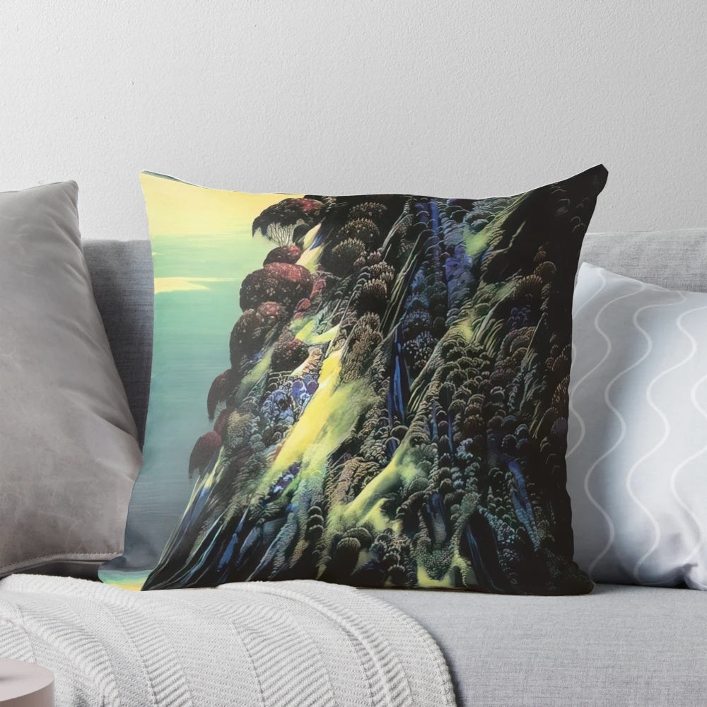 Eyvind Earle's "Big Sur Poem" nature-inspired geometric art printed on a high-quality pillow.