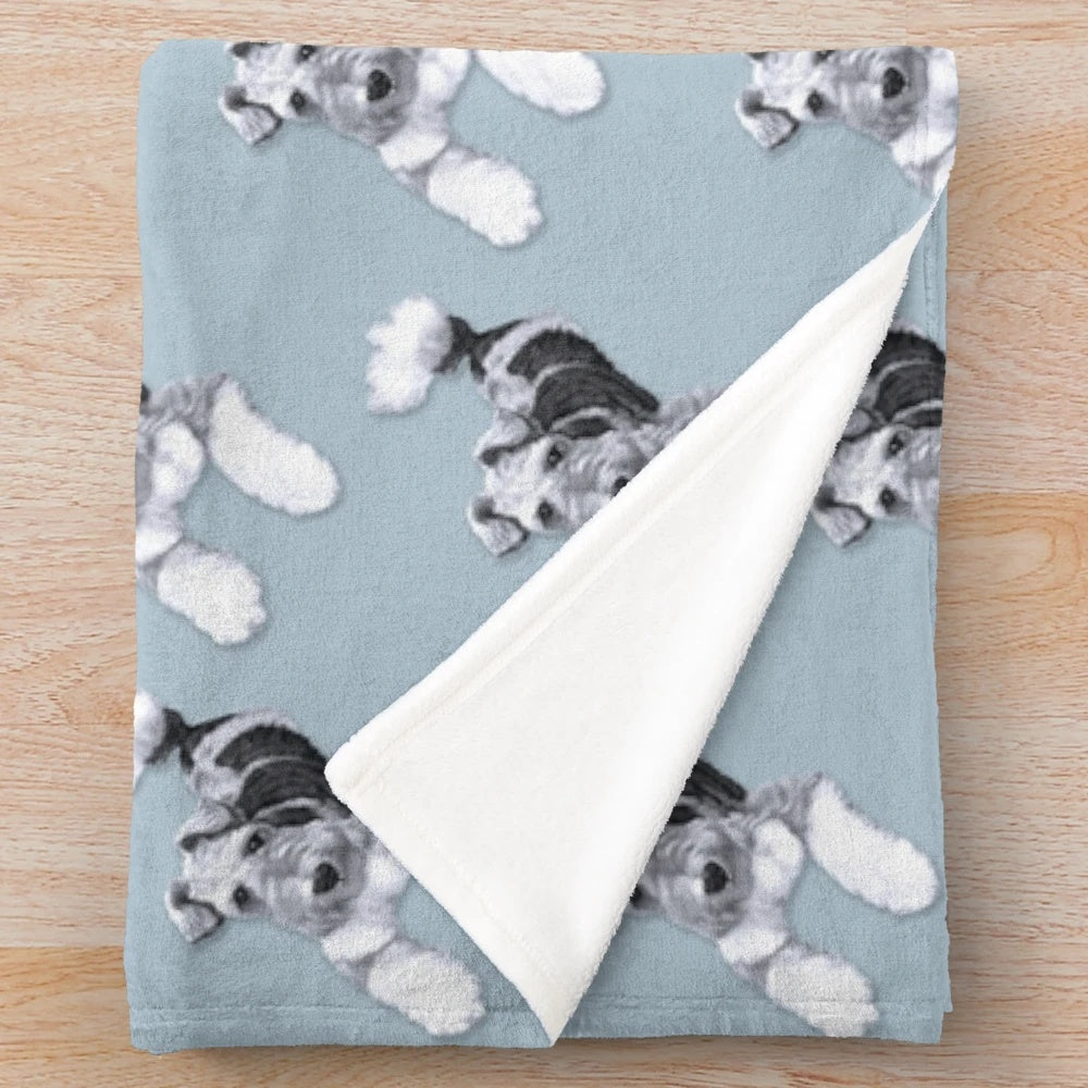 Black and white plush blanket with a wire haired fox terrier illustration
