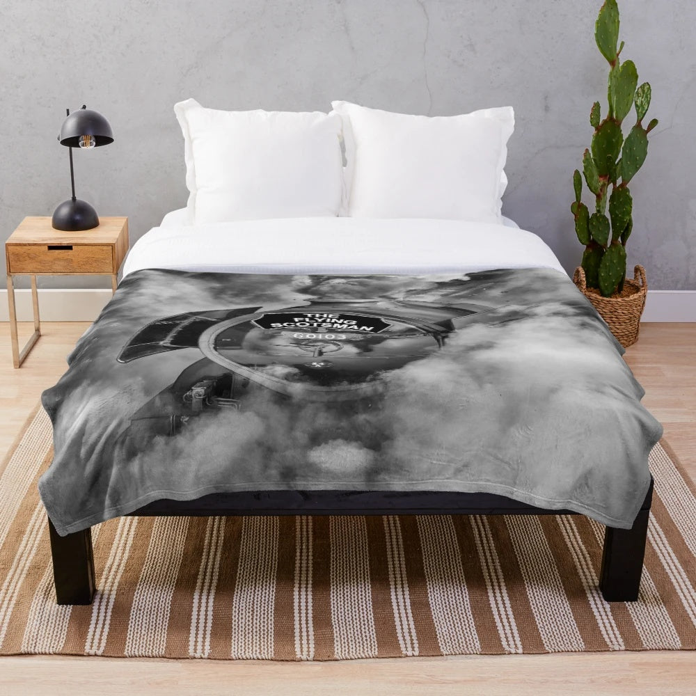 Plush blanket with black and white image of the iconic steam locomotive, the Flying Scotsman 60103
