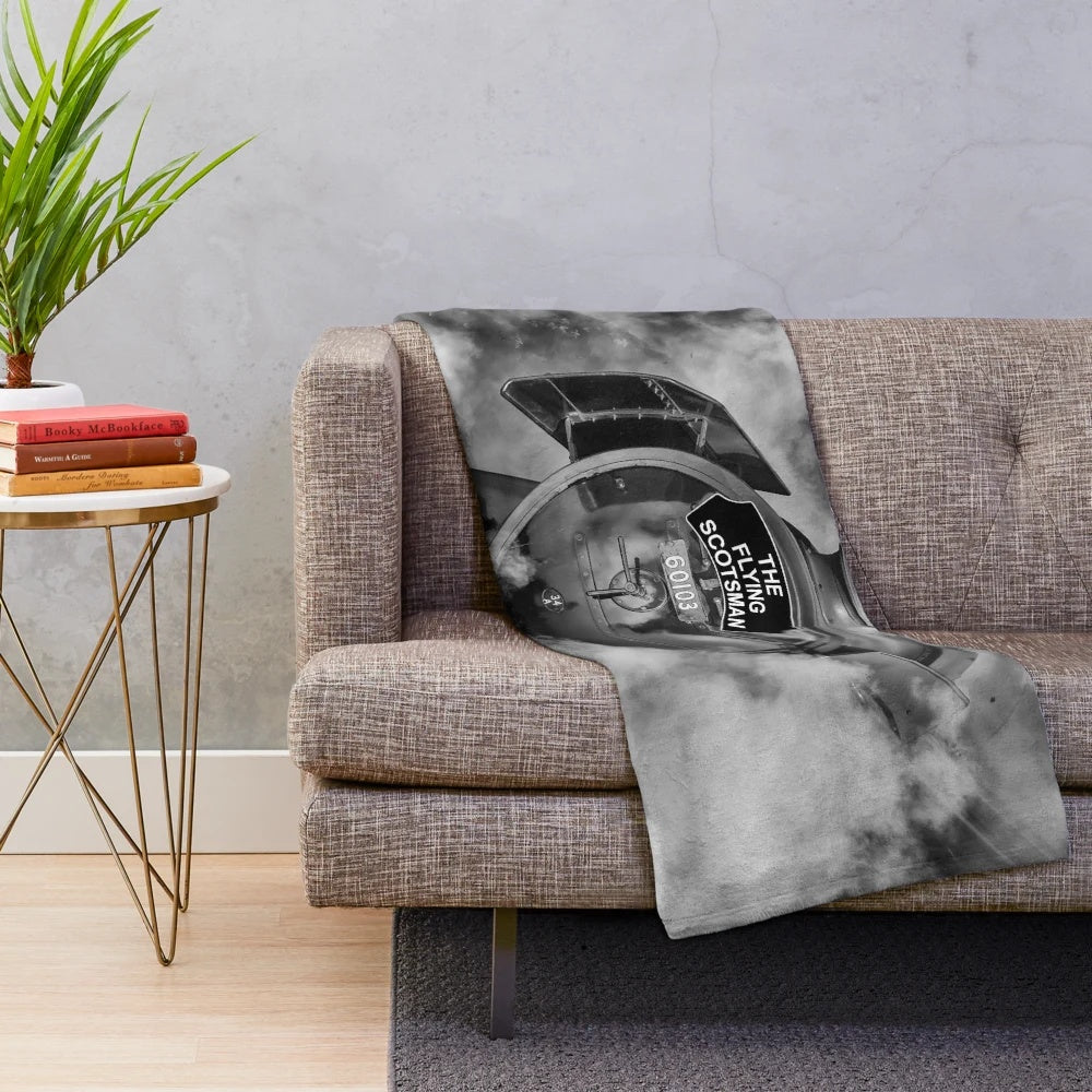 Plush blanket with black and white image of the iconic steam locomotive, the Flying Scotsman 60103