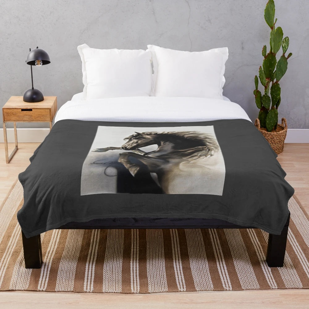 Black stallion plush blanket with a magnificent horse design