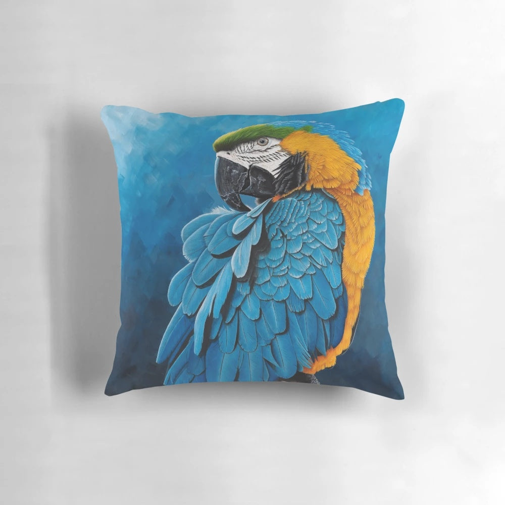 A hyperrealistic portrait painting of a beautiful blue and gold macaw bird