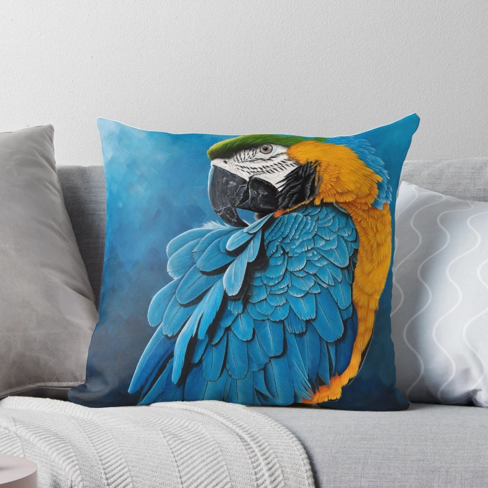 A hyperrealistic portrait painting of a beautiful blue and gold macaw bird