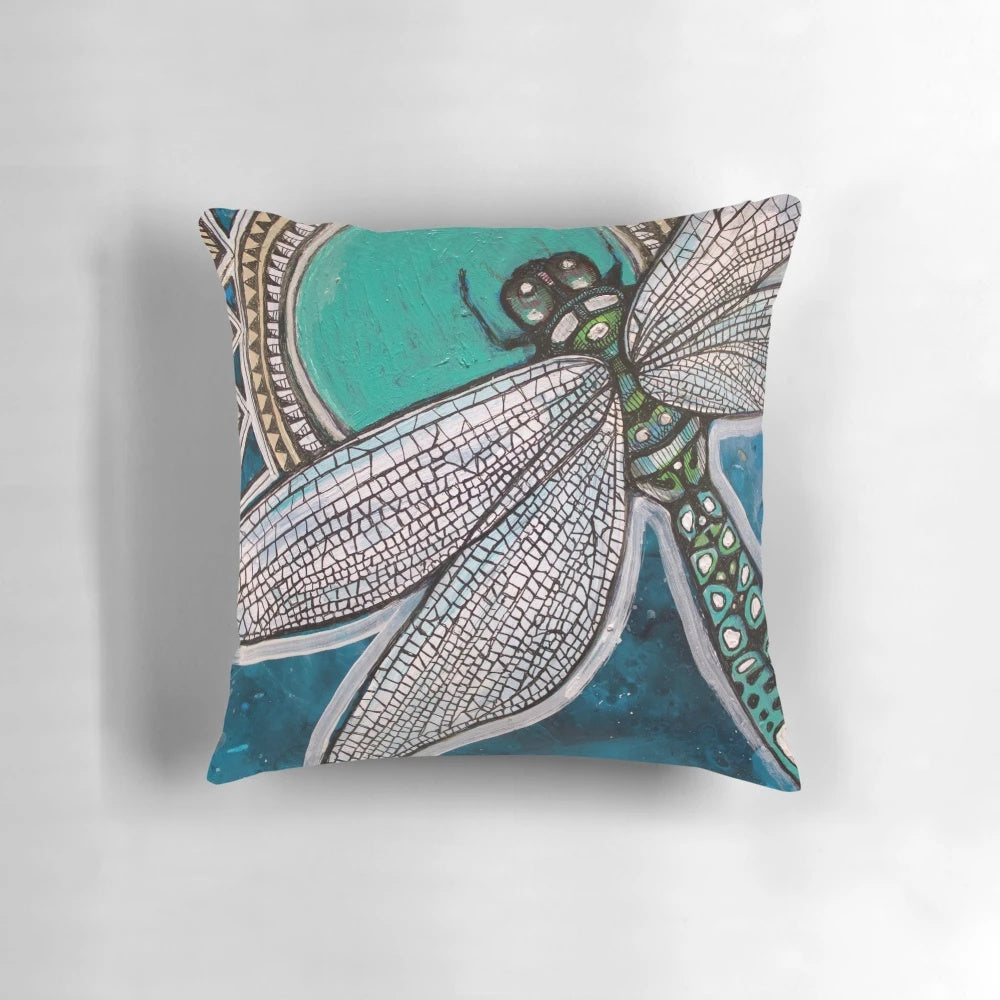 Blue and white dragonfly decorative pillow featuring nature-inspired art nouveau design by artist Lynnette Shelley