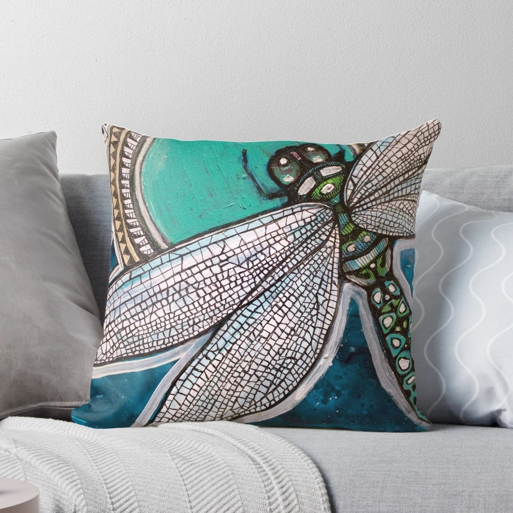 Blue and white dragonfly decorative pillow featuring nature-inspired art nouveau design by artist Lynnette Shelley