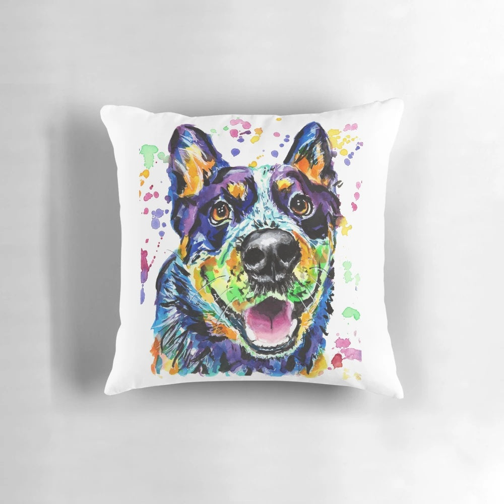 Vibrant watercolor painting of a blue heeler Australian cattle dog on a decorative throw pillow