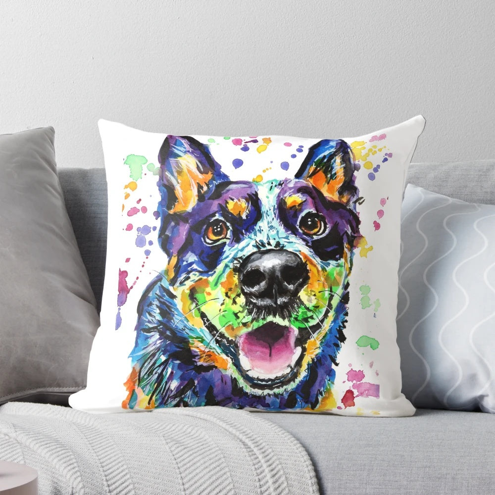 Vibrant watercolor painting of a blue heeler Australian cattle dog on a decorative throw pillow