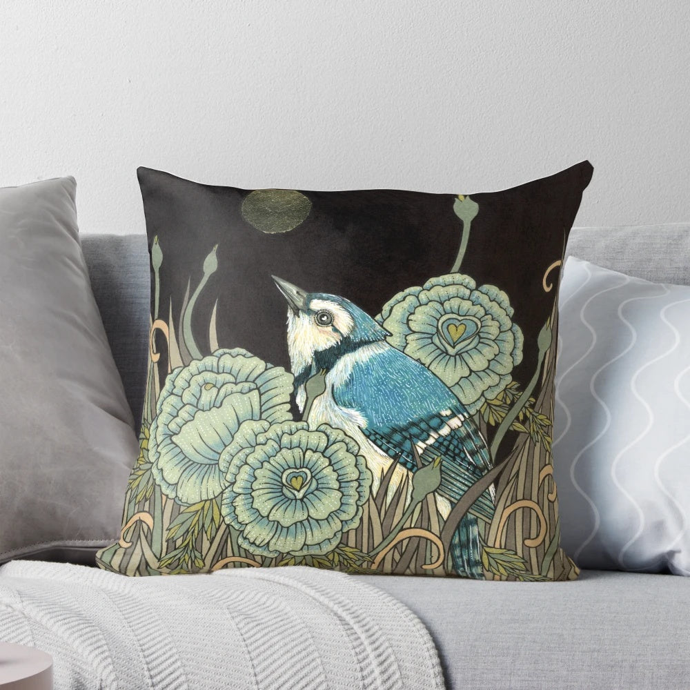 Blue Jay Decorative Pillow with Vibrant Feathers and Nature-Inspired Design