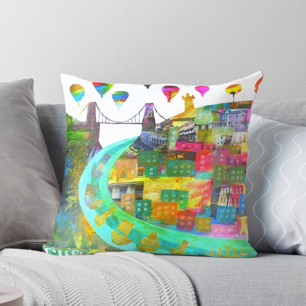 Vibrant collage pillow featuring the iconic Clifton Suspension Bridge and other Bristol landmarks