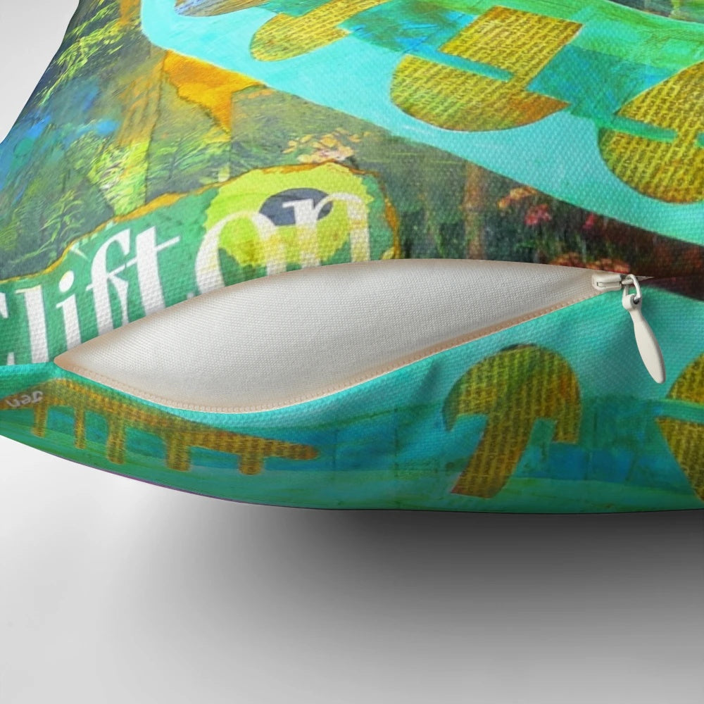 Vibrant collage pillow featuring the iconic Clifton Suspension Bridge and other Bristol landmarks