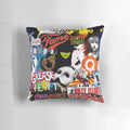 Colorful collage artwork of famous Broadway musicals on a plush pillow