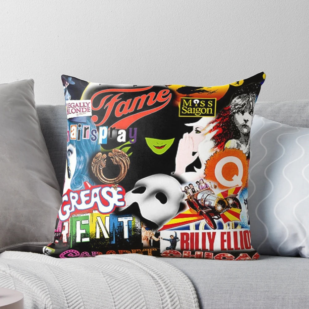 Colorful collage artwork of famous Broadway musicals on a plush pillow