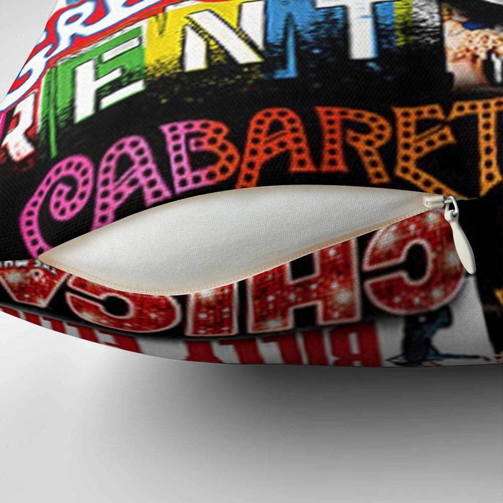 Colorful collage artwork of famous Broadway musicals on a plush pillow