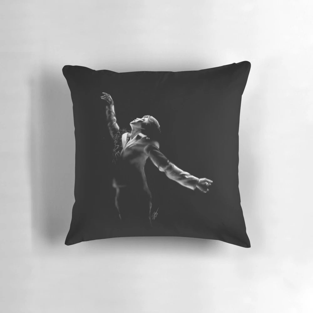 A high-quality pillow featuring a black and white portrait of BTS member Jimin from the 'Black Swan' music video.