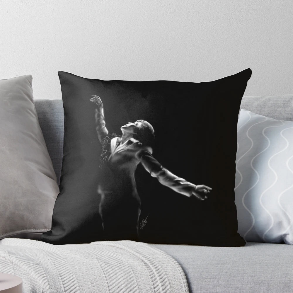 A high-quality pillow featuring a black and white portrait of BTS member Jimin from the 'Black Swan' music video.