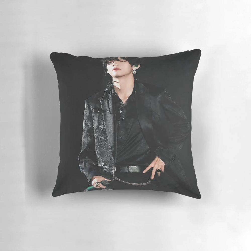 Stylish black pillow featuring the handsome K-pop idol V from BTS