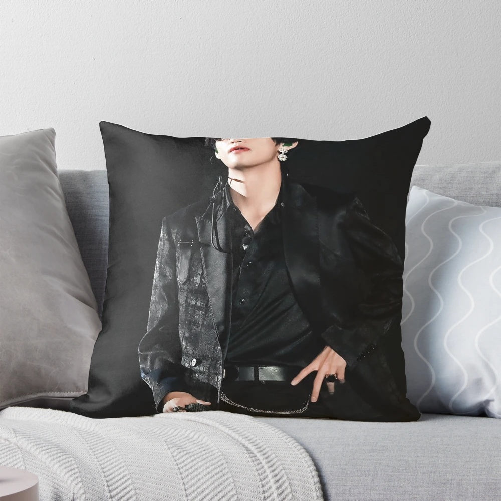 Stylish black pillow featuring the handsome K-pop idol V from BTS