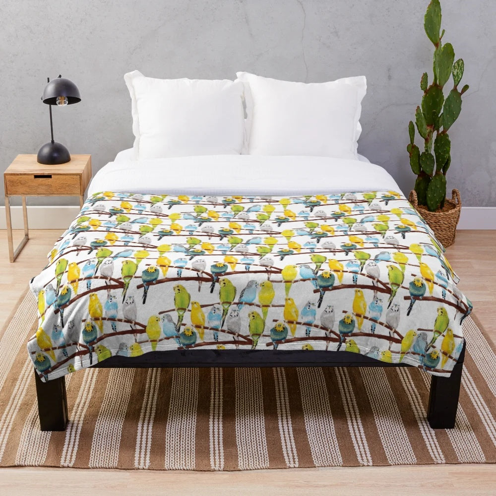 Colorful watercolor-style budgie pattern plush blanket