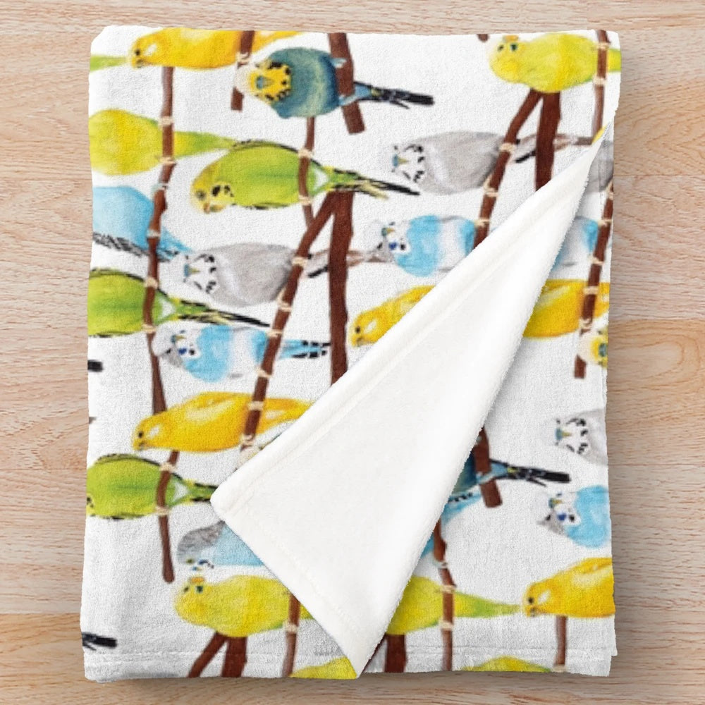 Colorful watercolor-style budgie pattern plush blanket