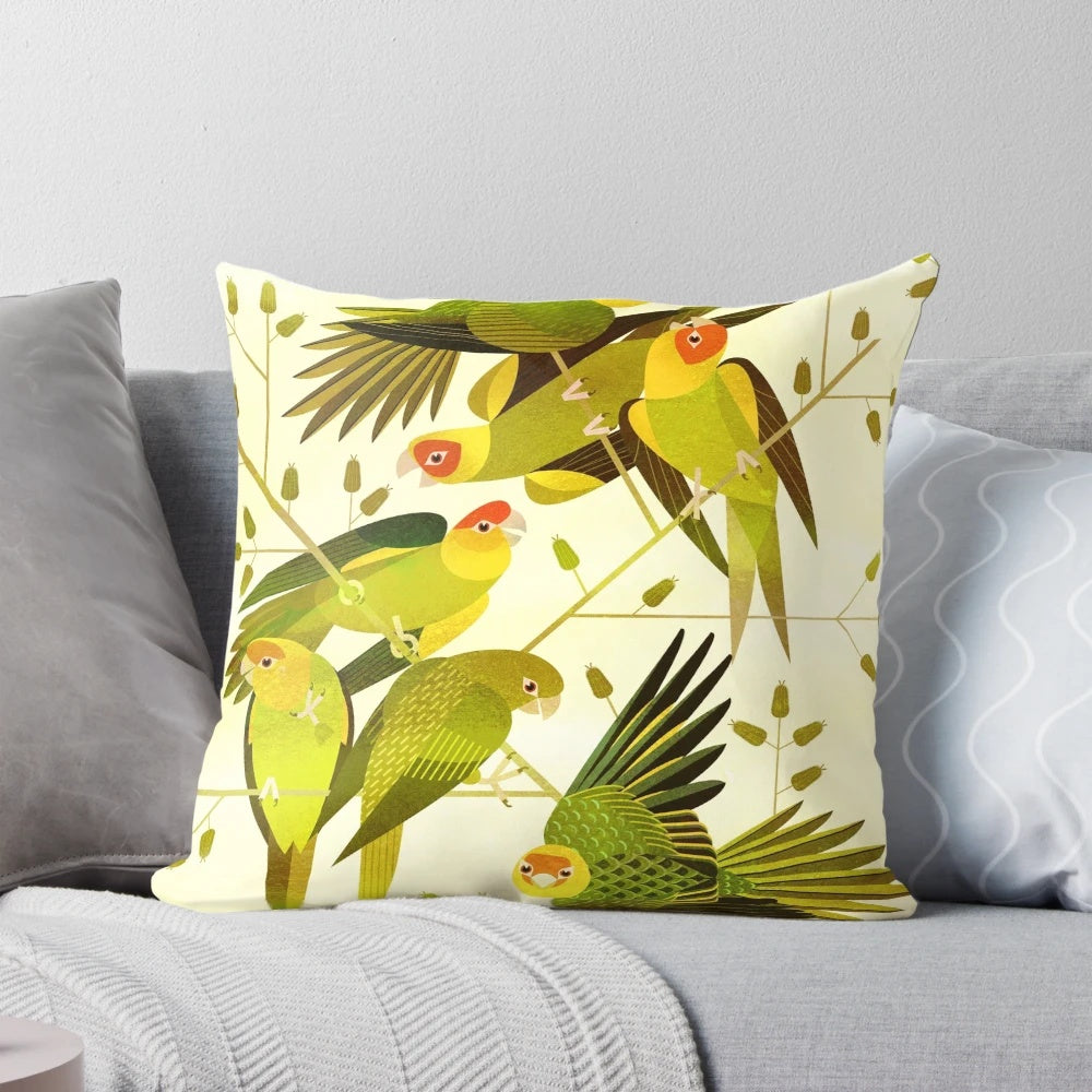 Vibrant digital illustration of the extinct Carolina parakeet on a soft, comfortable pillow.