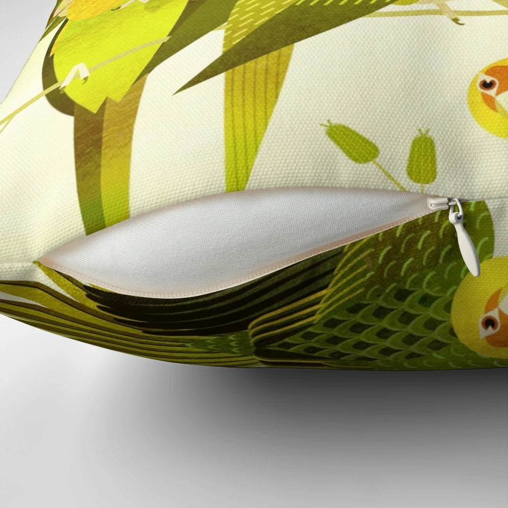 Vibrant digital illustration of the extinct Carolina parakeet on a soft, comfortable pillow.