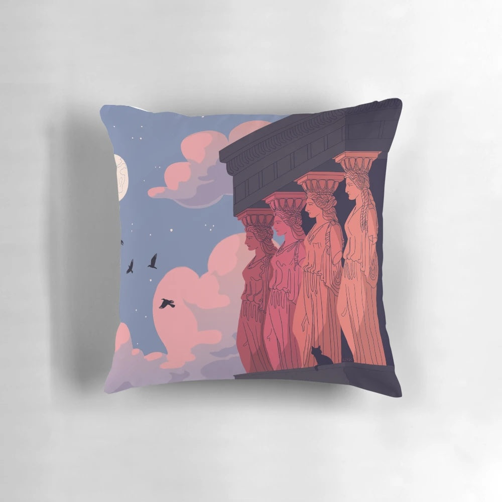 Pillow featuring a photograph of caryatid statues at dusk in an ancient Greek landscape