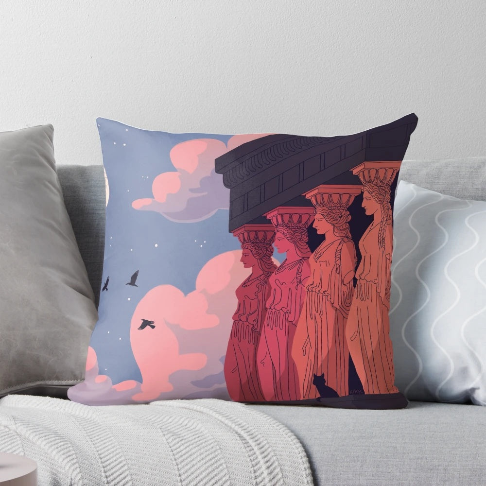 Pillow featuring a photograph of caryatid statues at dusk in an ancient Greek landscape