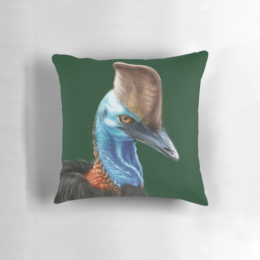 Vibrant Cassowary Painting Pillow by Nadya Neklioudova, Showcasing the Majestic Bird of the Queensland Rainforest