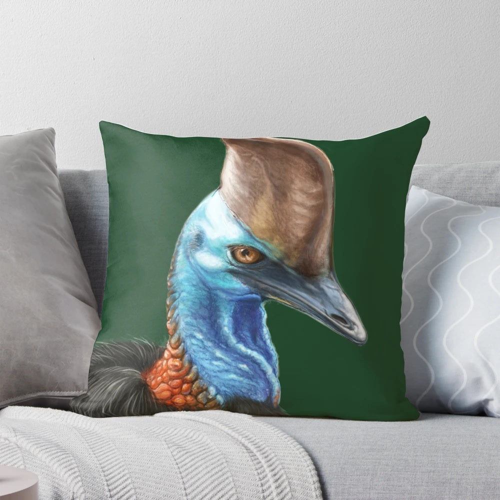 Vibrant Cassowary Painting Pillow by Nadya Neklioudova, Showcasing the Majestic Bird of the Queensland Rainforest
