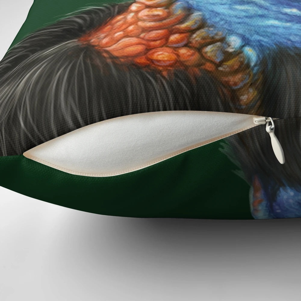 Vibrant Cassowary Painting Pillow by Nadya Neklioudova, Showcasing the Majestic Bird of the Queensland Rainforest