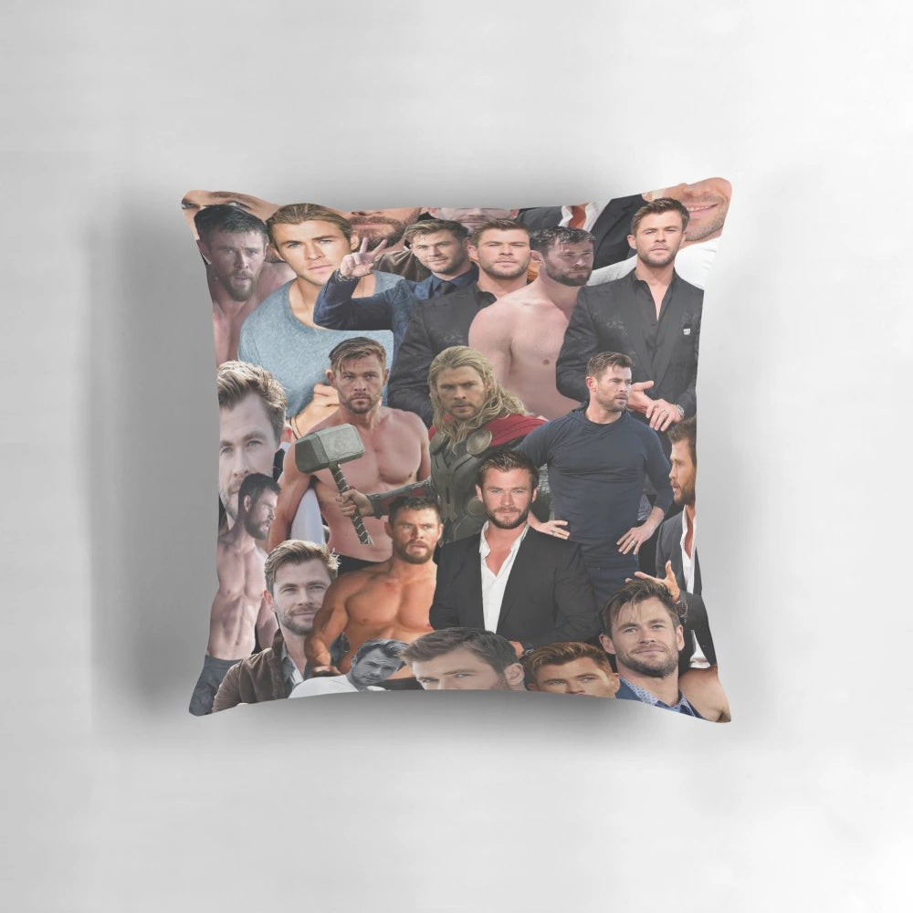 Decorative pillow featuring a collage of photos of the handsome actor Chris Hemsworth