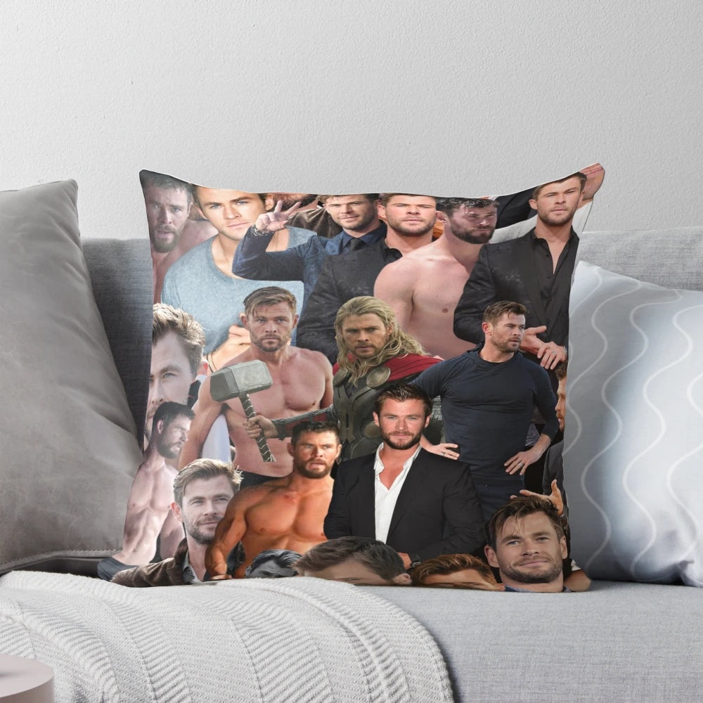 Decorative pillow featuring a collage of photos of the handsome actor Chris Hemsworth