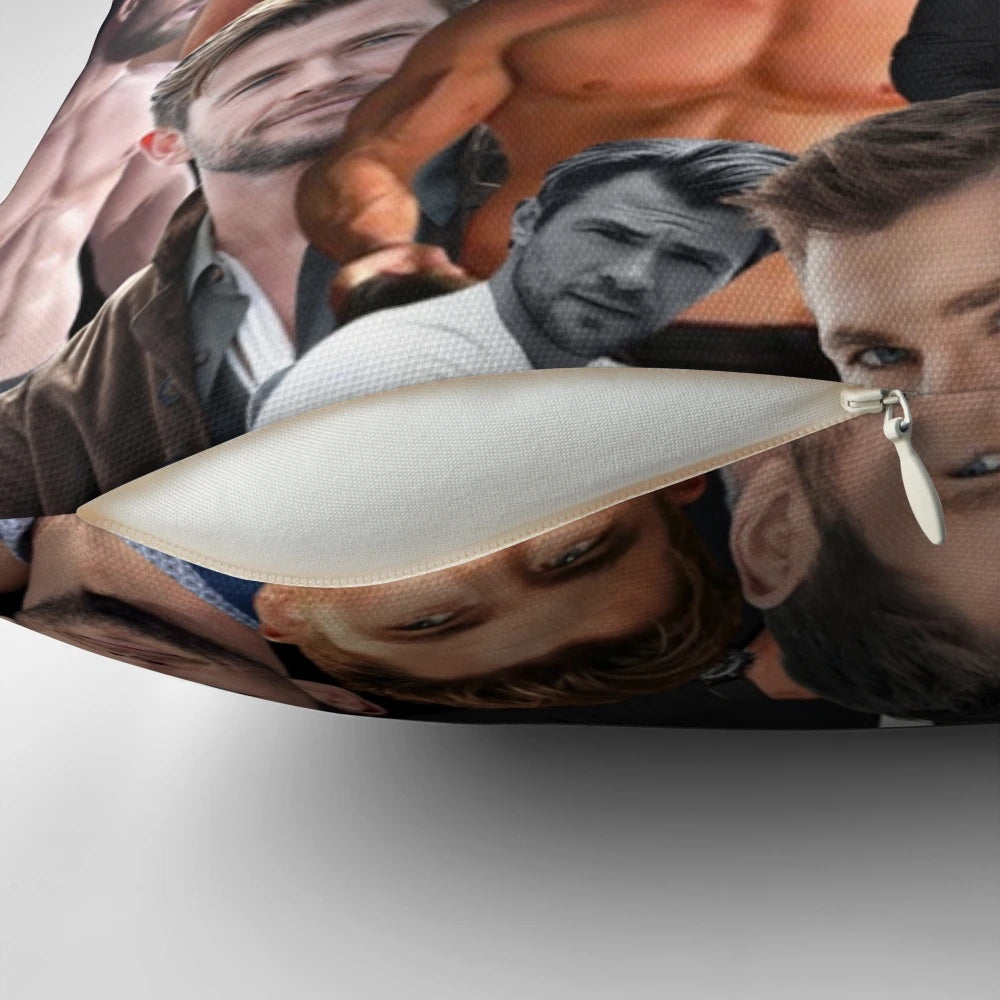 Decorative pillow featuring a collage of photos of the handsome actor Chris Hemsworth
