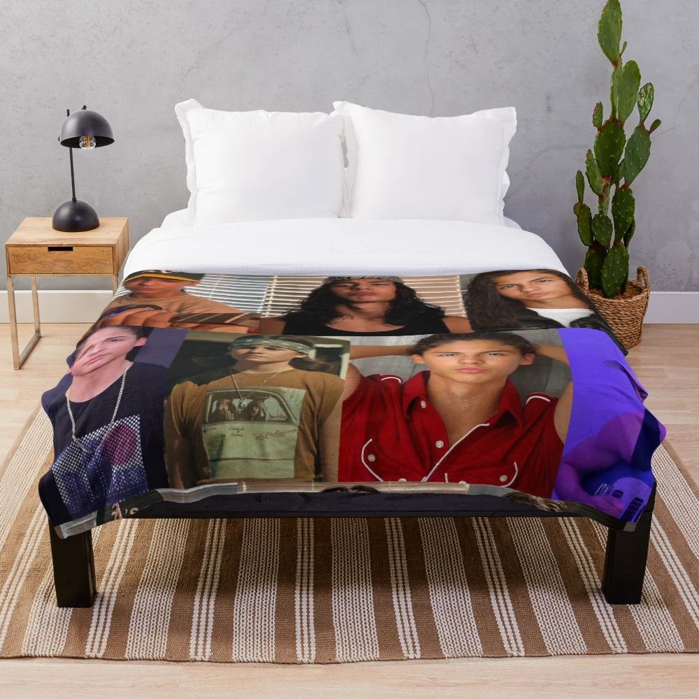 Plush blanket with collage of actor Miguel Cazarez Mora from the horror movie "The Black Phone