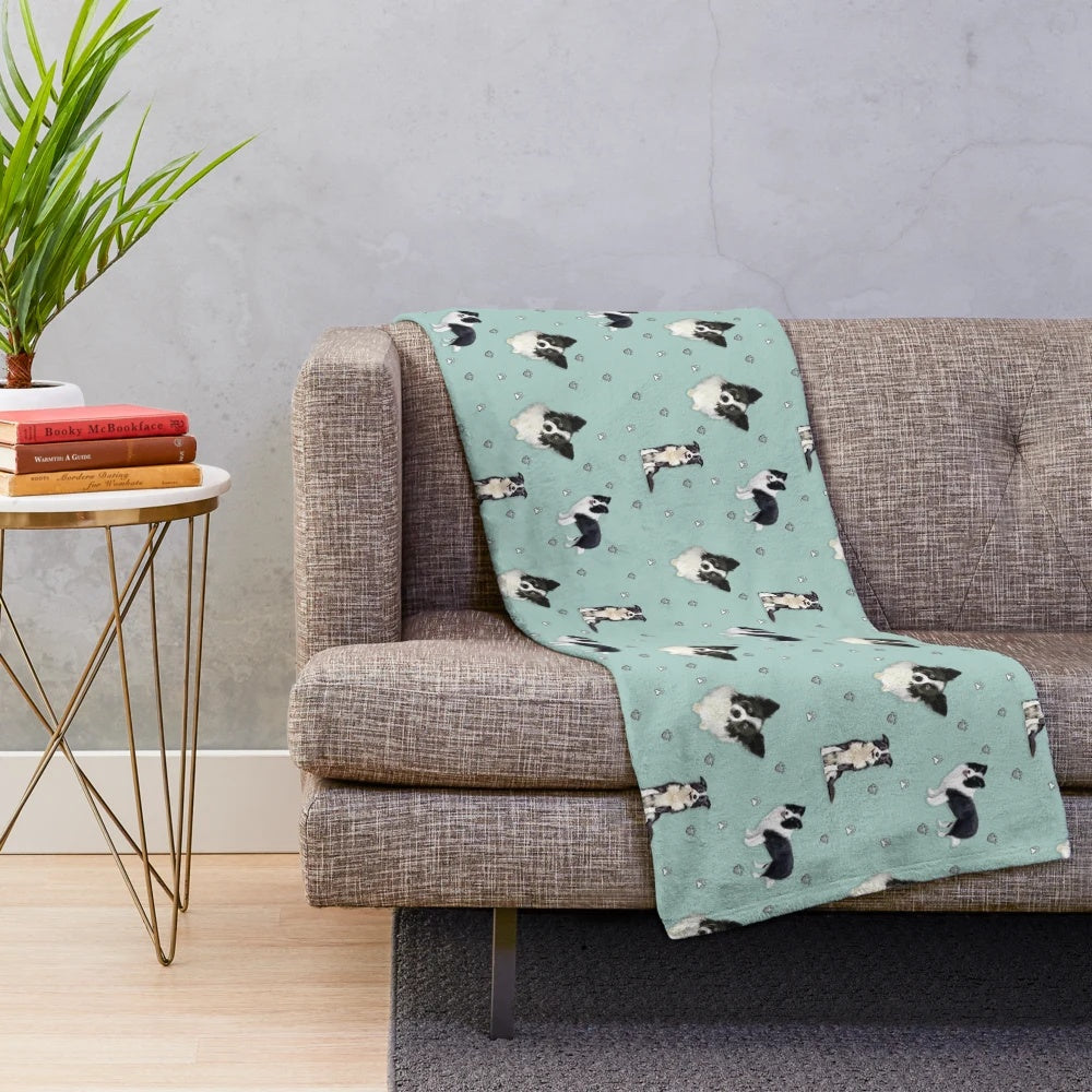 Collie pattern blue painting plush blanket featuring a border collie dog