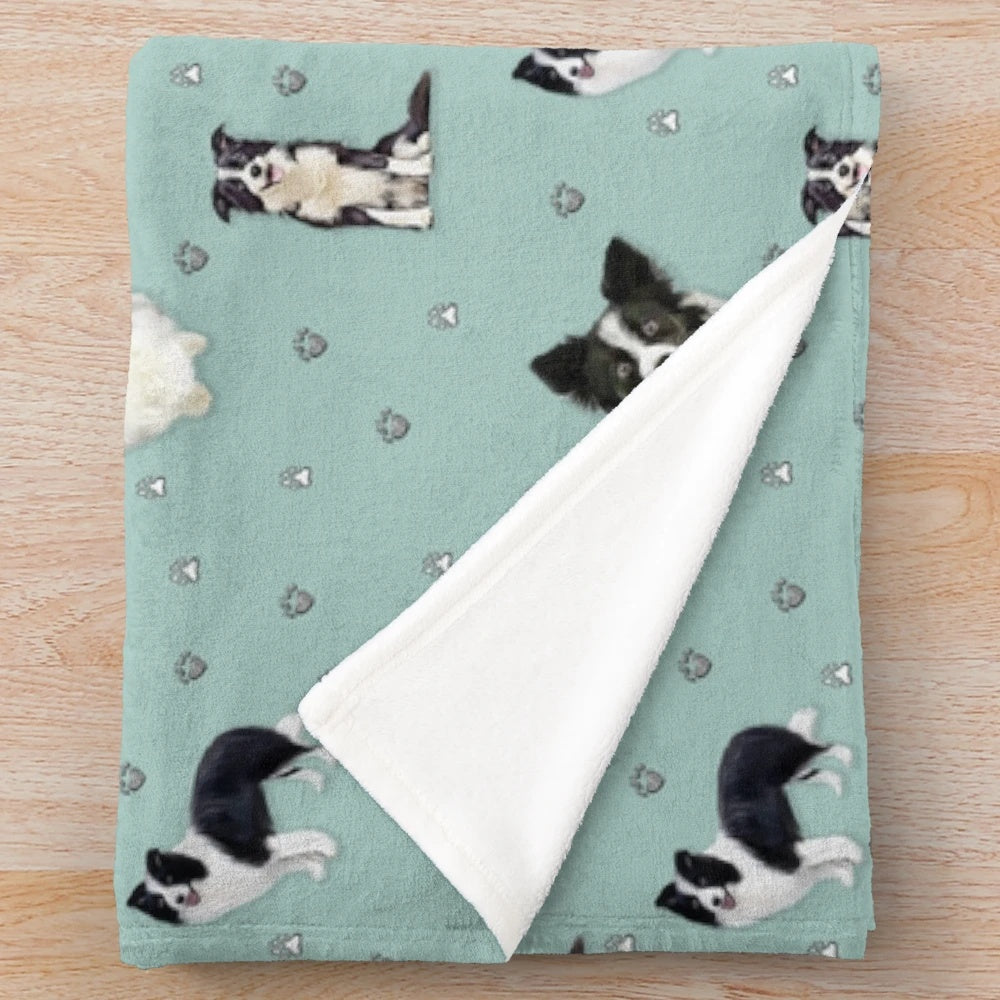 Collie pattern blue painting plush blanket featuring a border collie dog