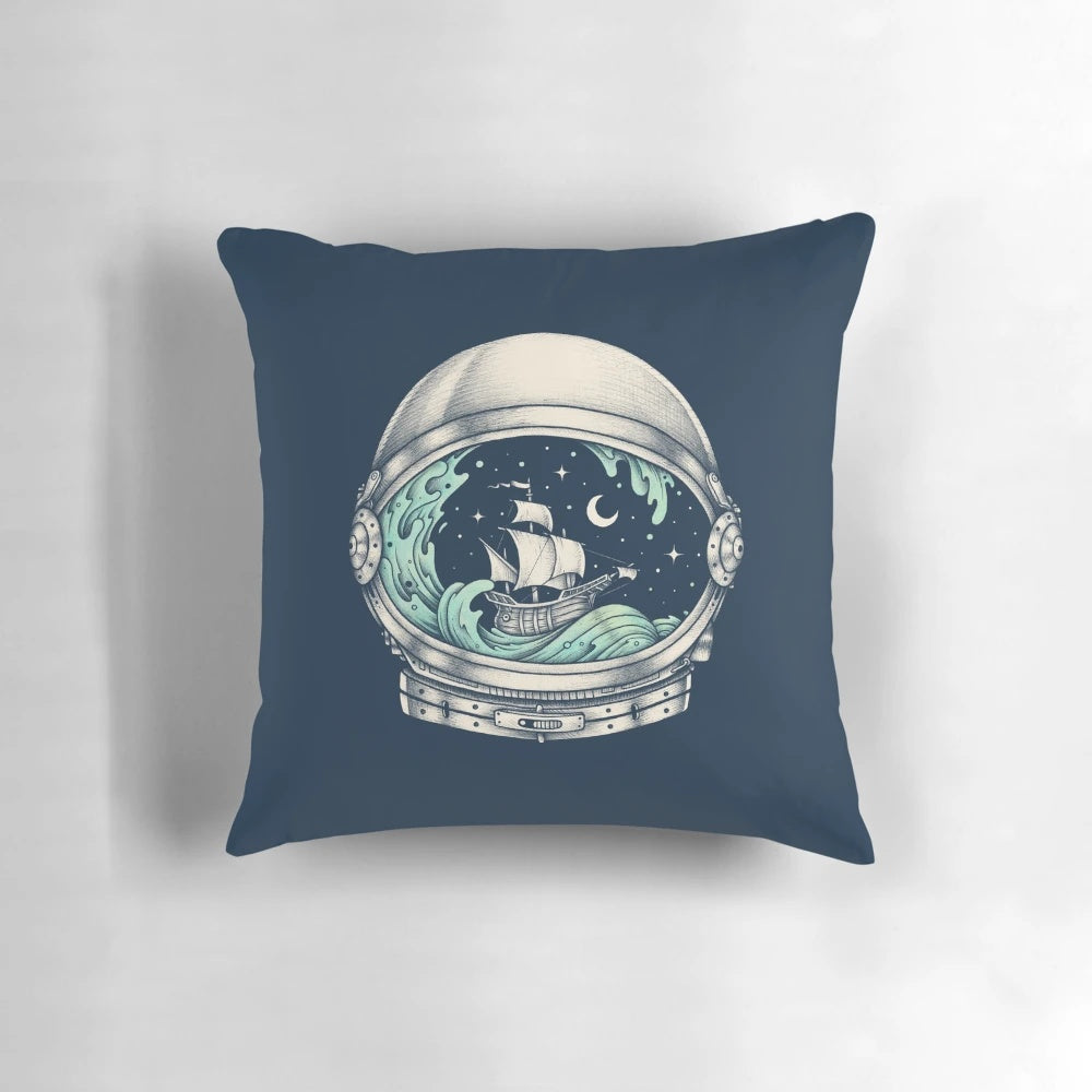 Spaceship-inspired decorative pillow with a surreal, starry night design