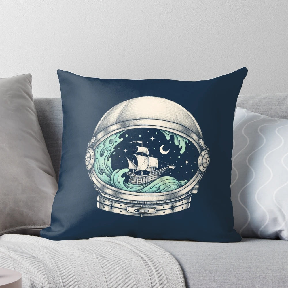 Spaceship-inspired decorative pillow with a surreal, starry night design