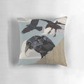 A high-quality pillow featuring a detailed vector illustration of a majestic crow against a cloudy sky background.