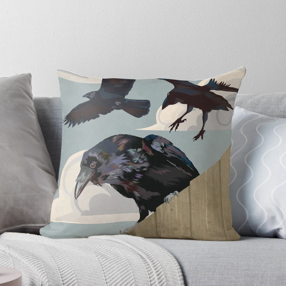 A high-quality pillow featuring a detailed vector illustration of a majestic crow against a cloudy sky background.