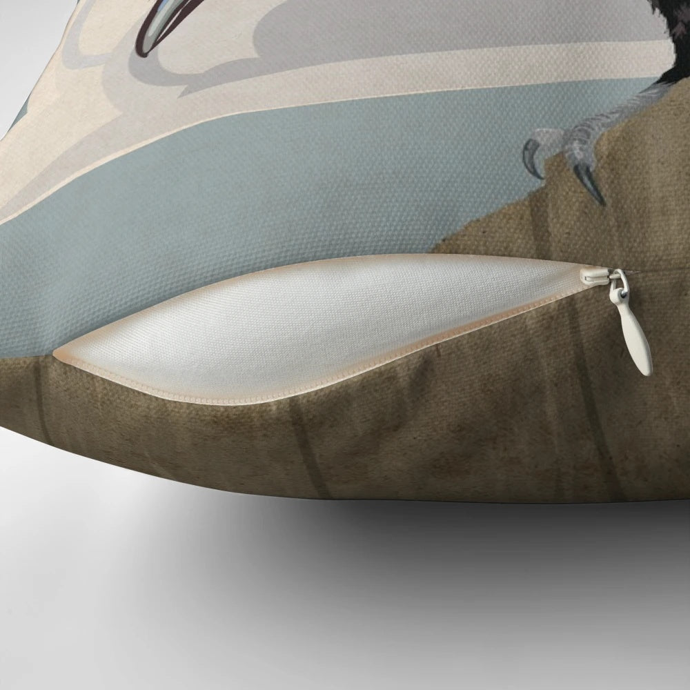 A high-quality pillow featuring a detailed vector illustration of a majestic crow against a cloudy sky background.