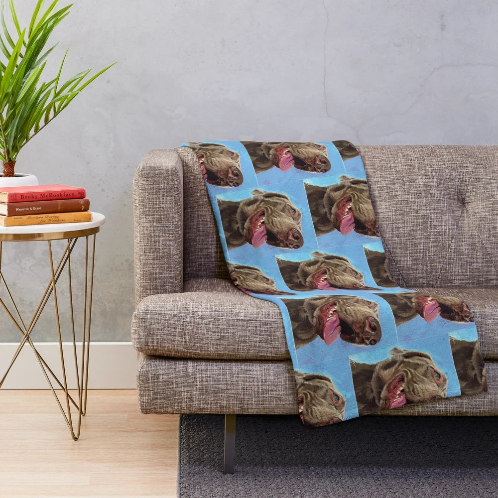 Plush blanket featuring a digital artwork of a silver labrador