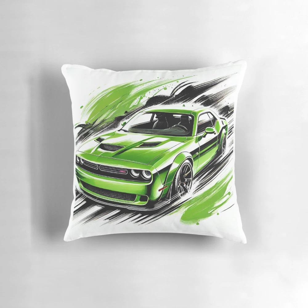 Vibrant green watercolor and calligraphy Dodge Challenger pillow, perfect for car enthusiasts.